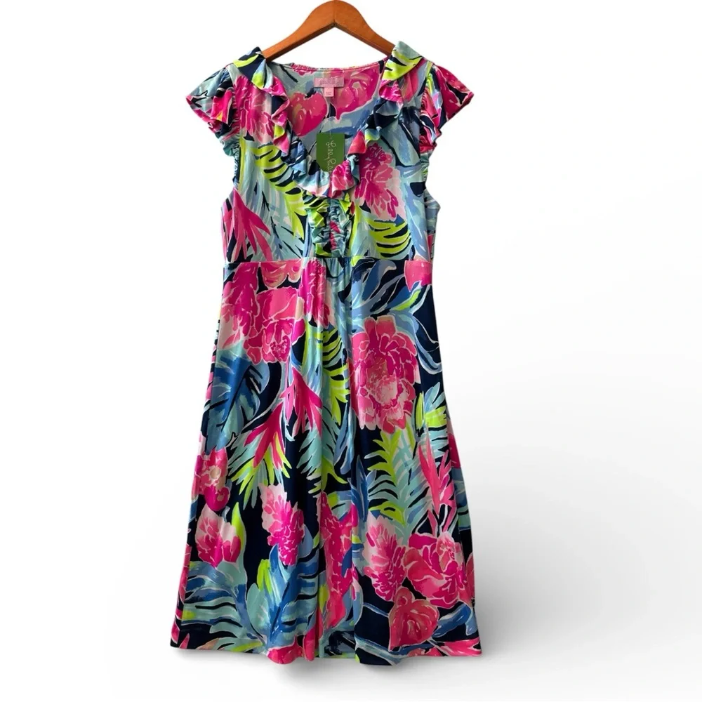 Lilly Pulitzer Clare Silk Jersey Multicolor Floral Ruffle Dress Size M NWT - Picture 1 of 3